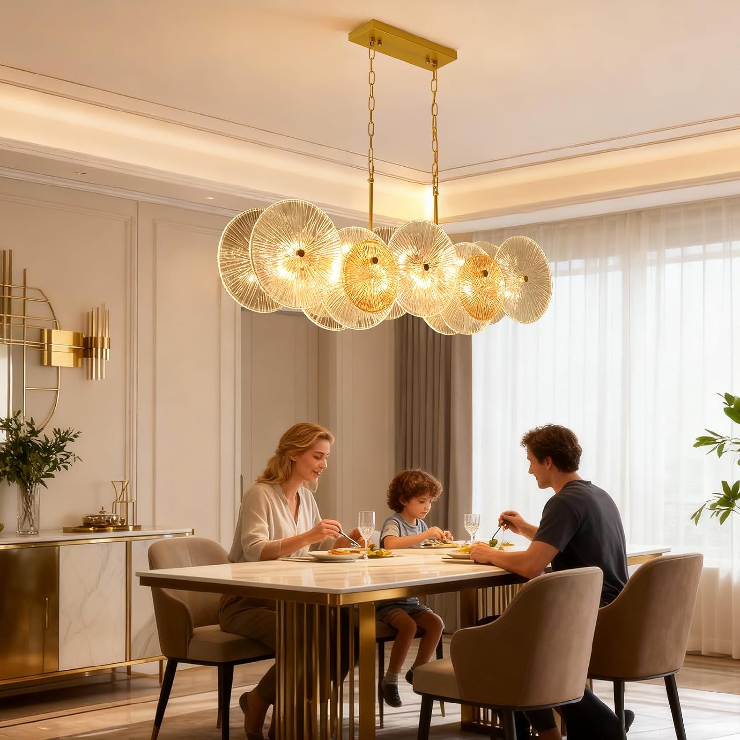 LIGHTDAMY Modern Crystal Chandeliers for Dining Room Light Fixture | 45" 11-Light Large Gold Crystal Chandeliers Over Table | Kitchen Island Lighting with Glass Cover for Living Dining Room Kitchen