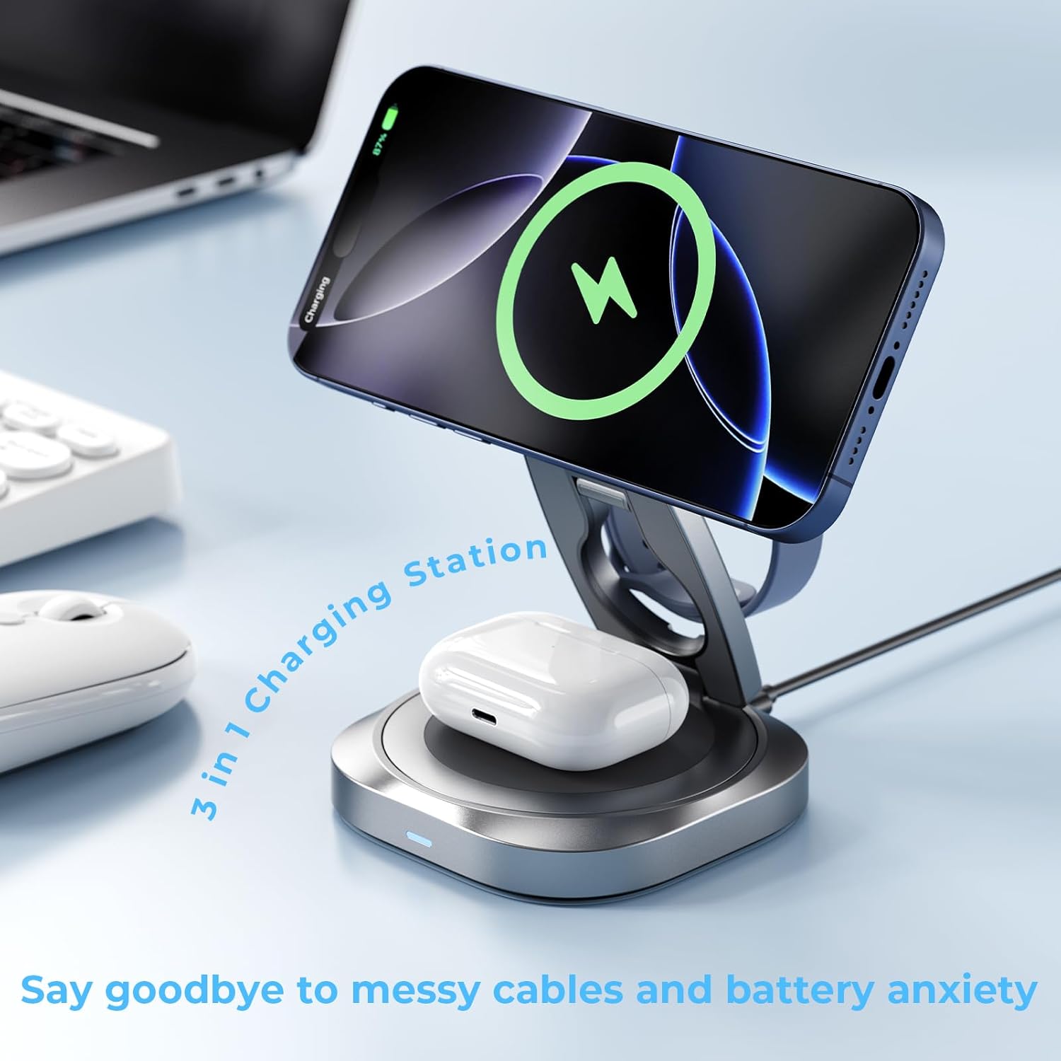 havit MagSafe 3 in 1 Wireless Charging Station, Foldable Travel Charger for iPhone 17/16/15/14/13/12, Apple Watch & AirPods, 15W Fast Magnetic Charger Stand with 360° Rotating, Portable Charger