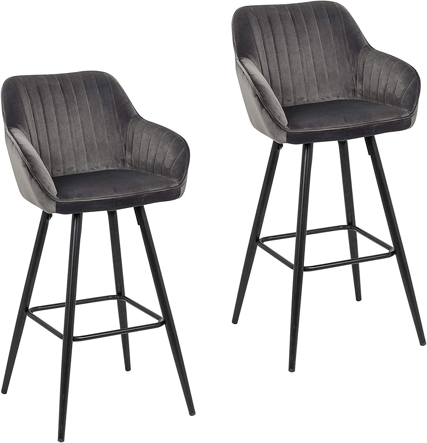 Halter Bar Stool with Back Support and Footrest, Upholstered Modern Bar Stools for Kitchen Counter, Plush Grey Fabric and Black Metal Frame, Kitchen Stools for Island or Counter, 40 Inch, (2 Pack).