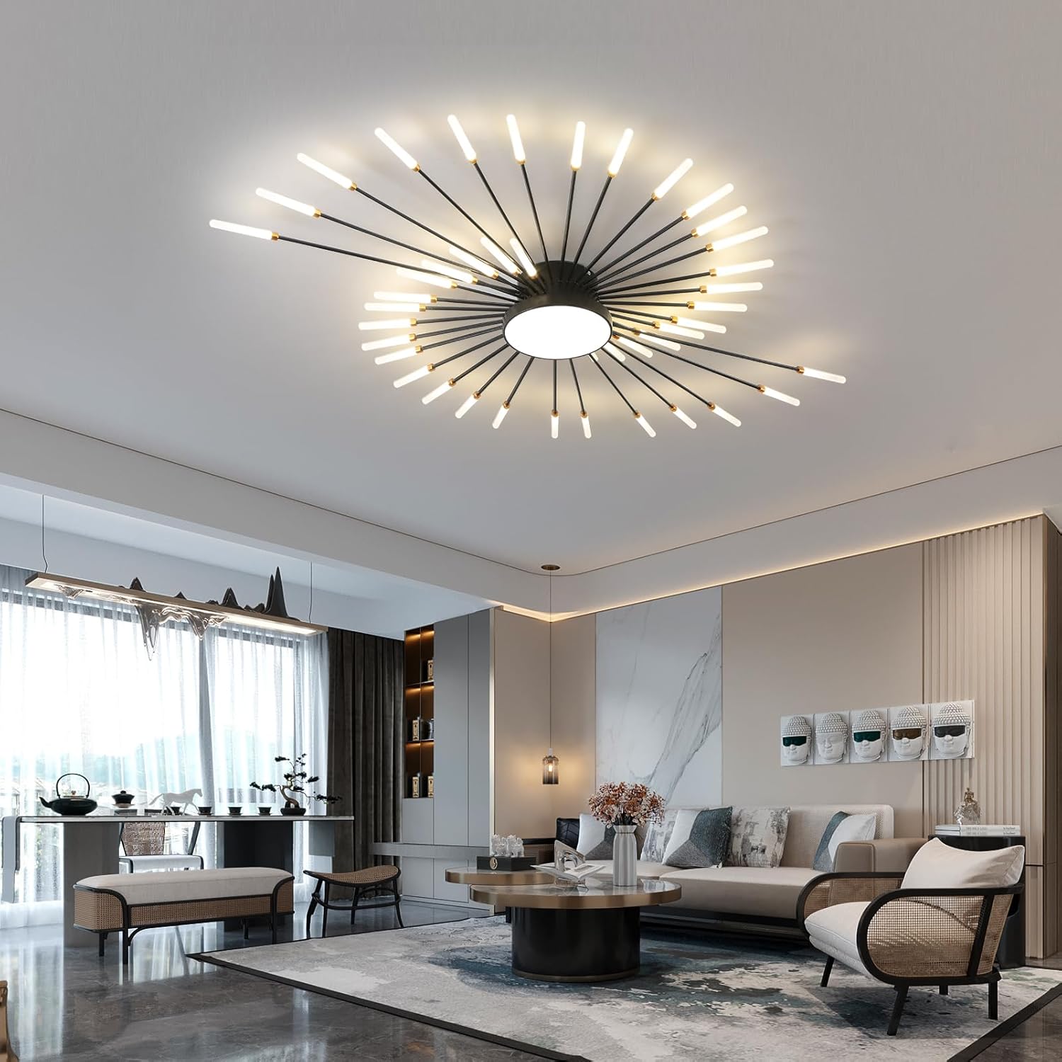 JAYMP 50.4" Ceiling Light Modern Flower Shape Ceiling Lamp for Living Room Dining Room Flush Mount Metal Acrylic Sputnik Firework Petal LED Lighting Fixture (Matte Black, 42+1 Lights)