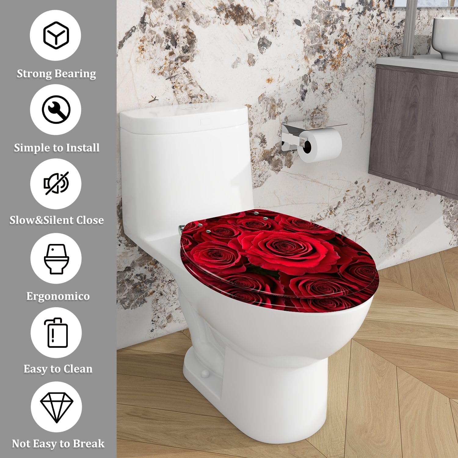 Elongated Toilet Seat Close up red roses Resin Toilet Seat with Quietly Close Quick Release Hinges Decorative Toilet Seat with Cover Easy to Clean and Install