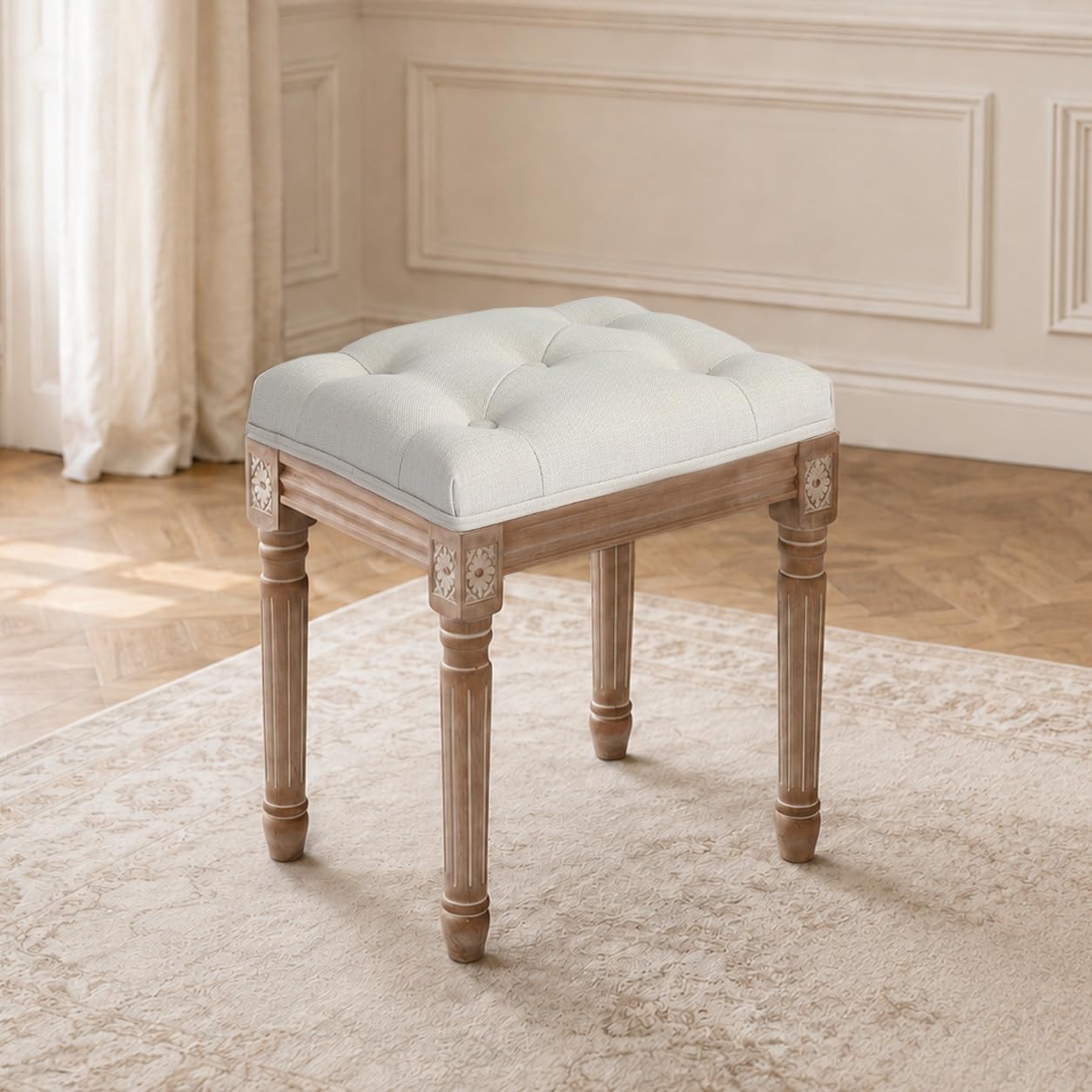 Schminkhocker Landhaus, Hocker für Schminktisch, Sitzhocker Samt, Klavierhocker Kosmetikhocker, Polsterhocker für Schlafzimmer, 40 * 30 * 46cm, Massivholzbeine, Beige