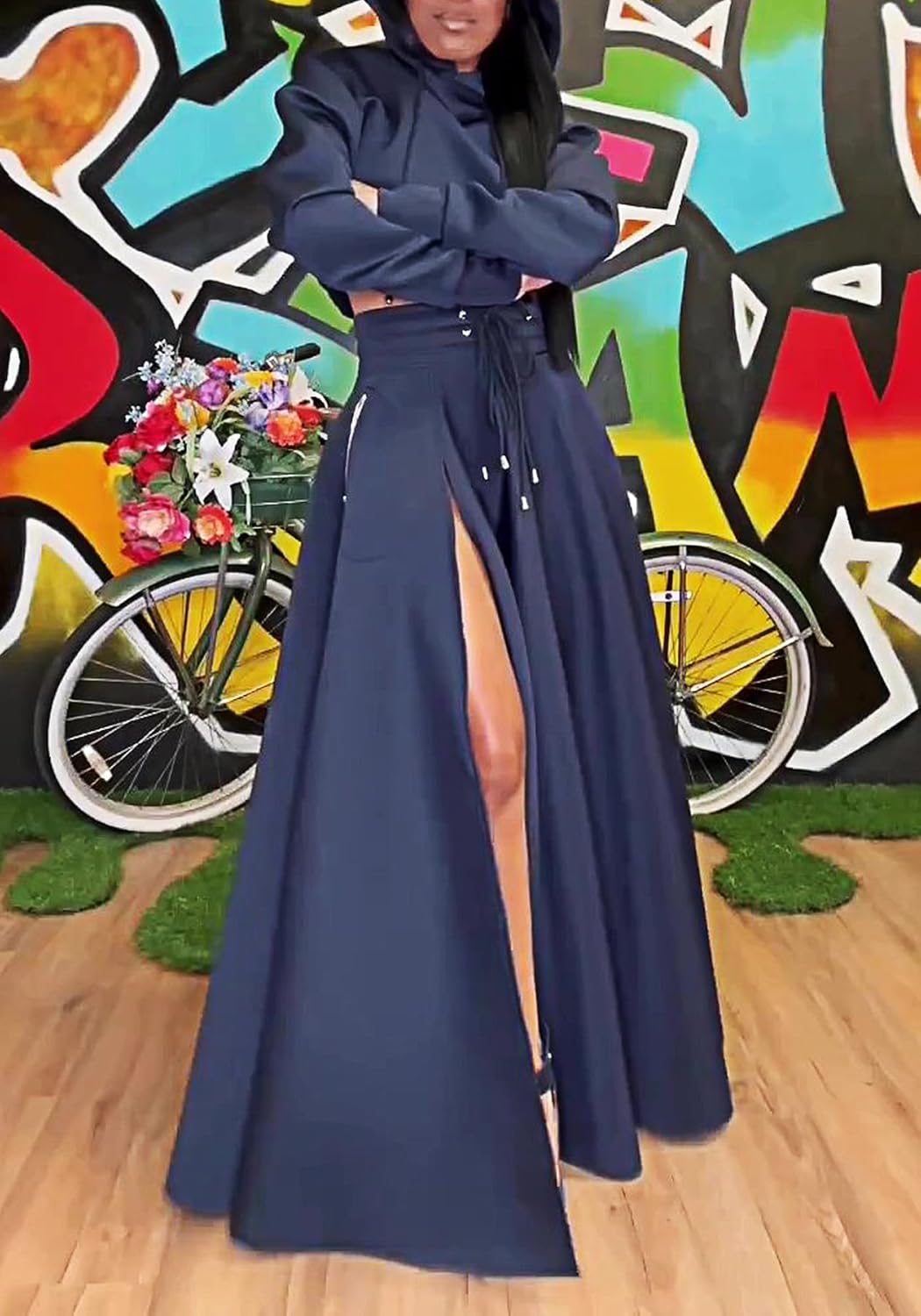 Seltaon Women's Casual 2 Piece Outfits Long Sleeves Hoodies Sweatshirts and High Waist Split Skirt Sweatsuit Lounge Sets - Image 4