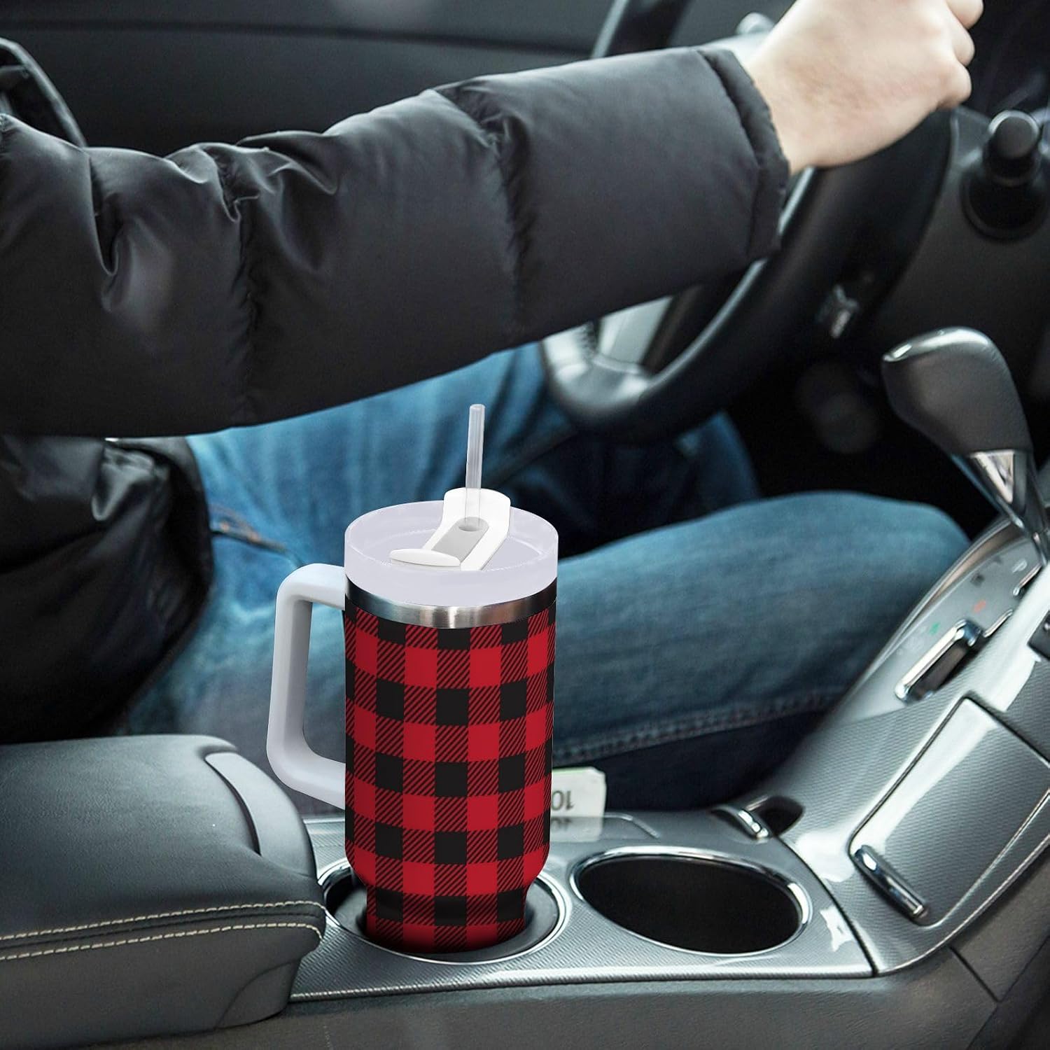 Pigsaly Vintage Gingham Buffalo Check Plaid 40oz Stainless Steel Vacuum Insulated Tumbler With Lid And Straw Red Black Striped Geometric Tumbler With Handle Double Wall Vacuum Travel Coffee Mug Wate
