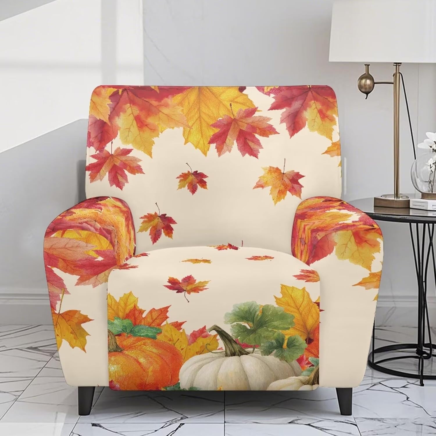 FOR U DESIGNS Falll Maple Leaves and Pumpkin Reclining Chair Cover 4-Piece Stretch Recliner Covers Set with Elastic Edges Furniture Protector Washable for Small Recliners
