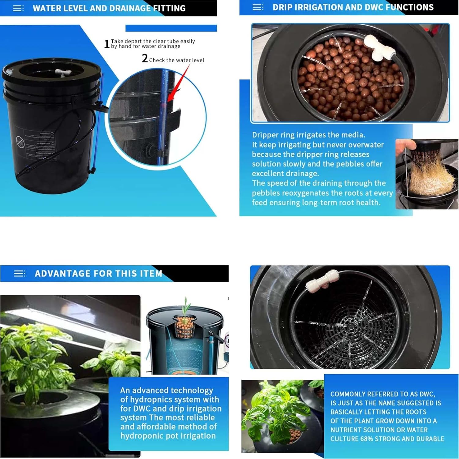 GROZY DWC Hydroponics Grow System Black Bucket Kit with Air Pump, 5 Buckets, 5 Gallon Each, 15x12x12 Inches, Indoor Growing