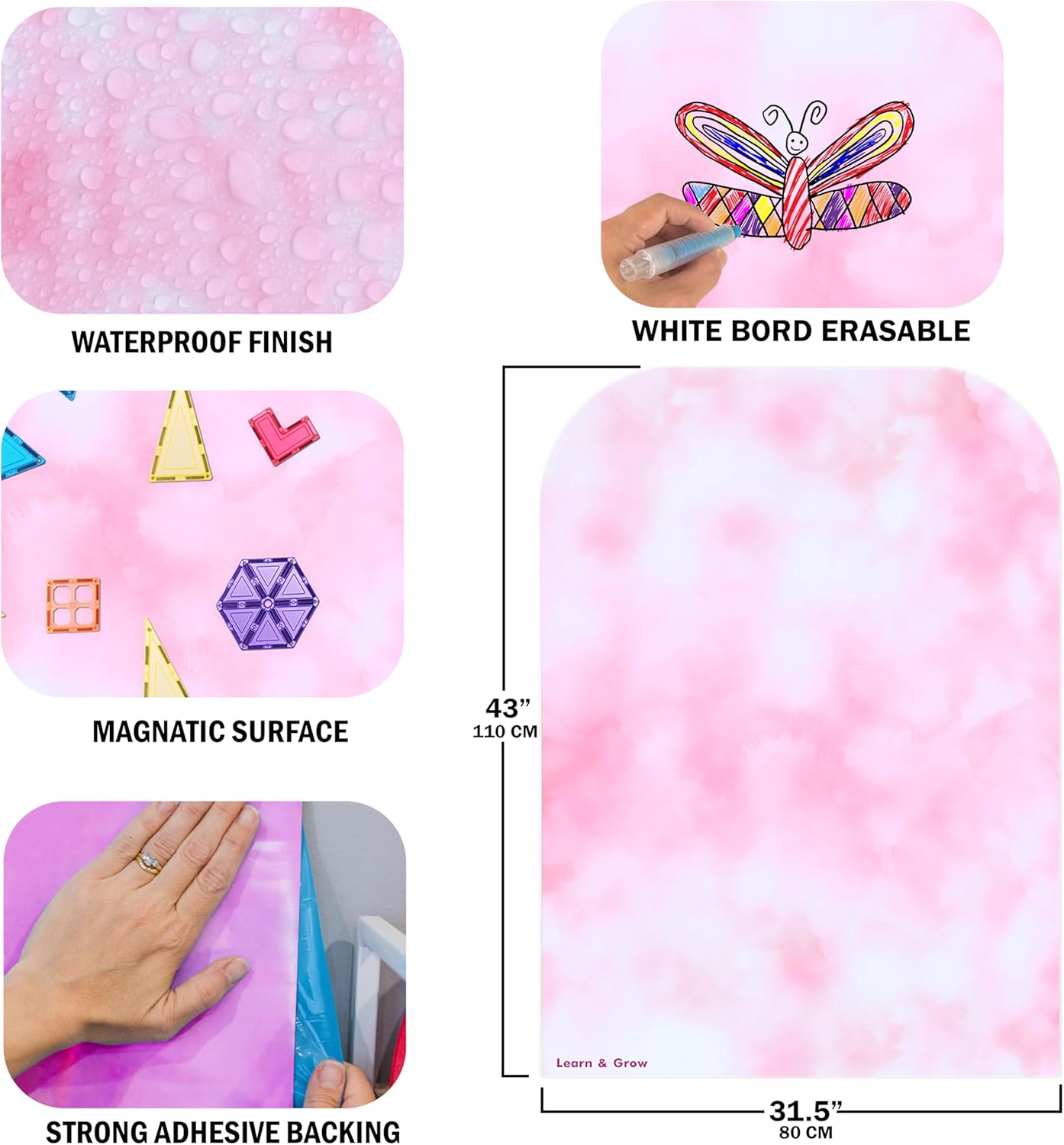 Learn & Grow Magnetic Wall Decal – Magnetic Wall Arch for Kids Playroom Decor - Peel, Stick & Doodle Sticker Board Sheet - Multifunctional Magnet Tiles Learning Panels for Creative Play, Pink