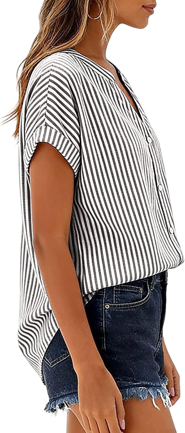 Womens Cotton Linen T Shirts Short Sleeve V Neck Tops Dressy Casual Blouses Summer Beach Vacation Outfits