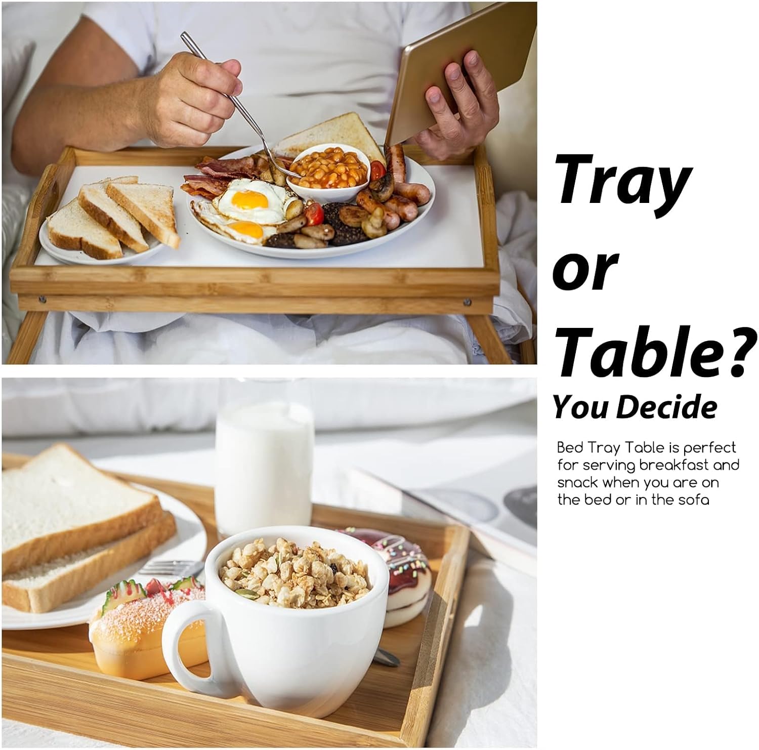 MorTime Bed Tray Table with Folding Legs, Bamboo Breakfast Tray with Handles for Bed, Sofa, Eating, Working, Foldable Laptop Desk Food Snack Tray Serving Tray