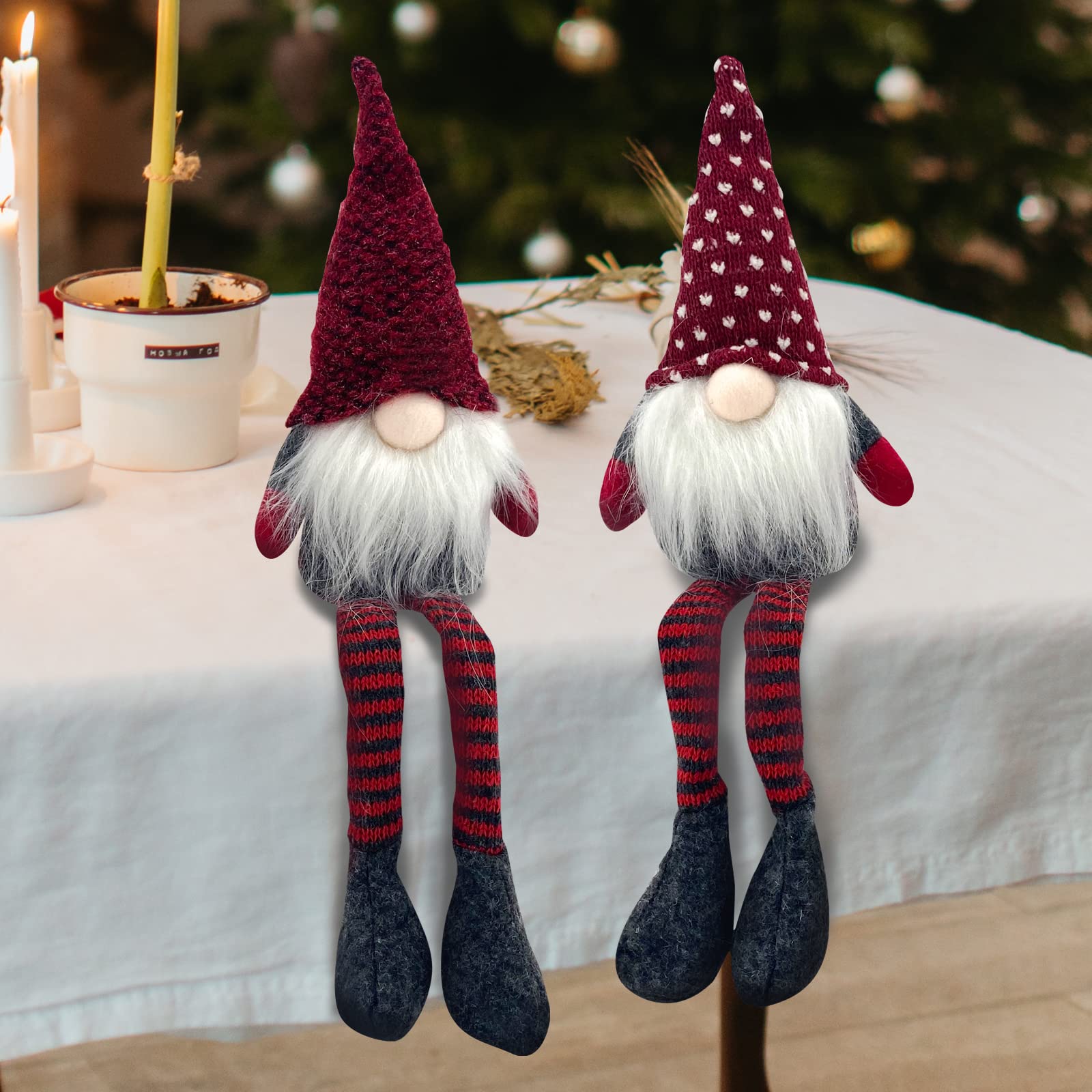 DUJSRZL 4PCS Gnomi di Natale in peluche lavorato a maglia Babbo Natale, fatti a mano, decorazioni da tavolo, decorazioni per la casa, decorazioni per camini da tavolo （gambe lunghe rosse miste）