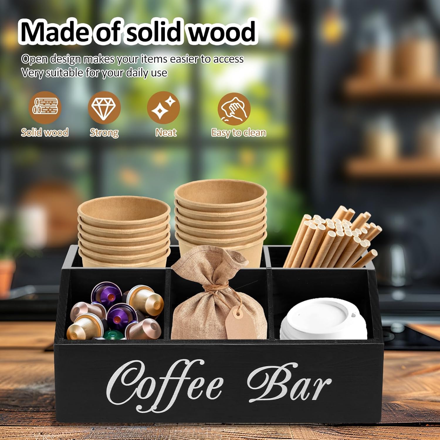 Coffee Station Organizer 5 Compartments Coffee Bar Accessories Organizer Wood Coffee Bar Organizer Vintage Coffee Storage Station Coffee Pods Holder for Countertop Coffee Bar(black)