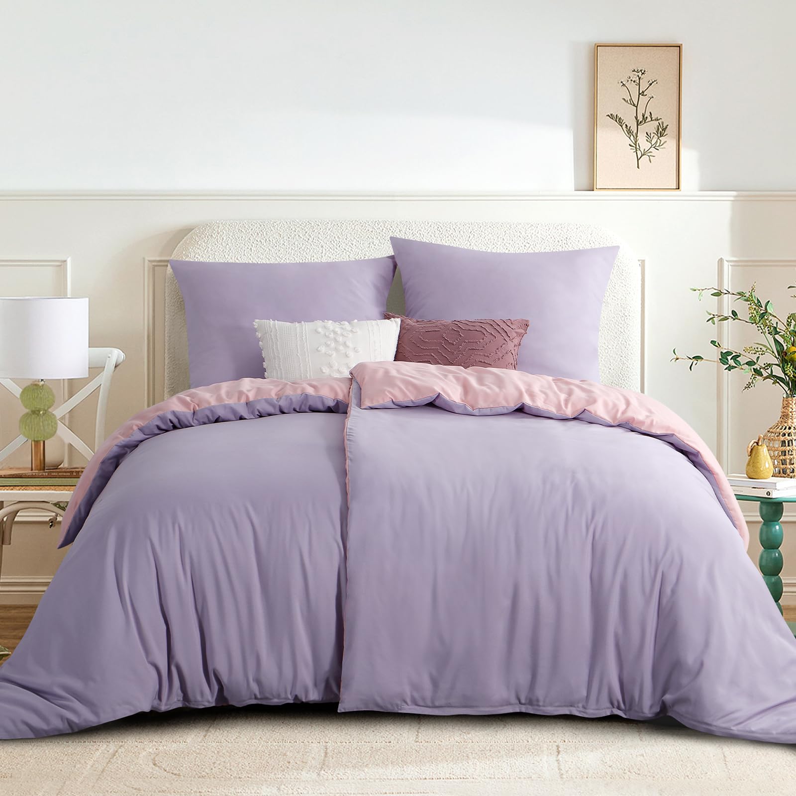 RUIKASI Bettwäsche 135x200 Lavendel Rosa 4teilig - Wendebettwäsche Bettbezug 135 x 200 mit Reißverschluss, Oeko-TEX Mikrofaser Bettwäsche Sets, Weich und Bügelfrei