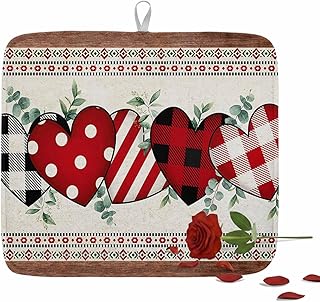 Kitchen Drying Mat for Counter Valentines Love Heart with Eucalyptus Leaves Absorbent Dish Mats Foldable Microfiber Drainer Pad Grid and Retro Wood Plate Holder Mat for Countertop Sink Decor