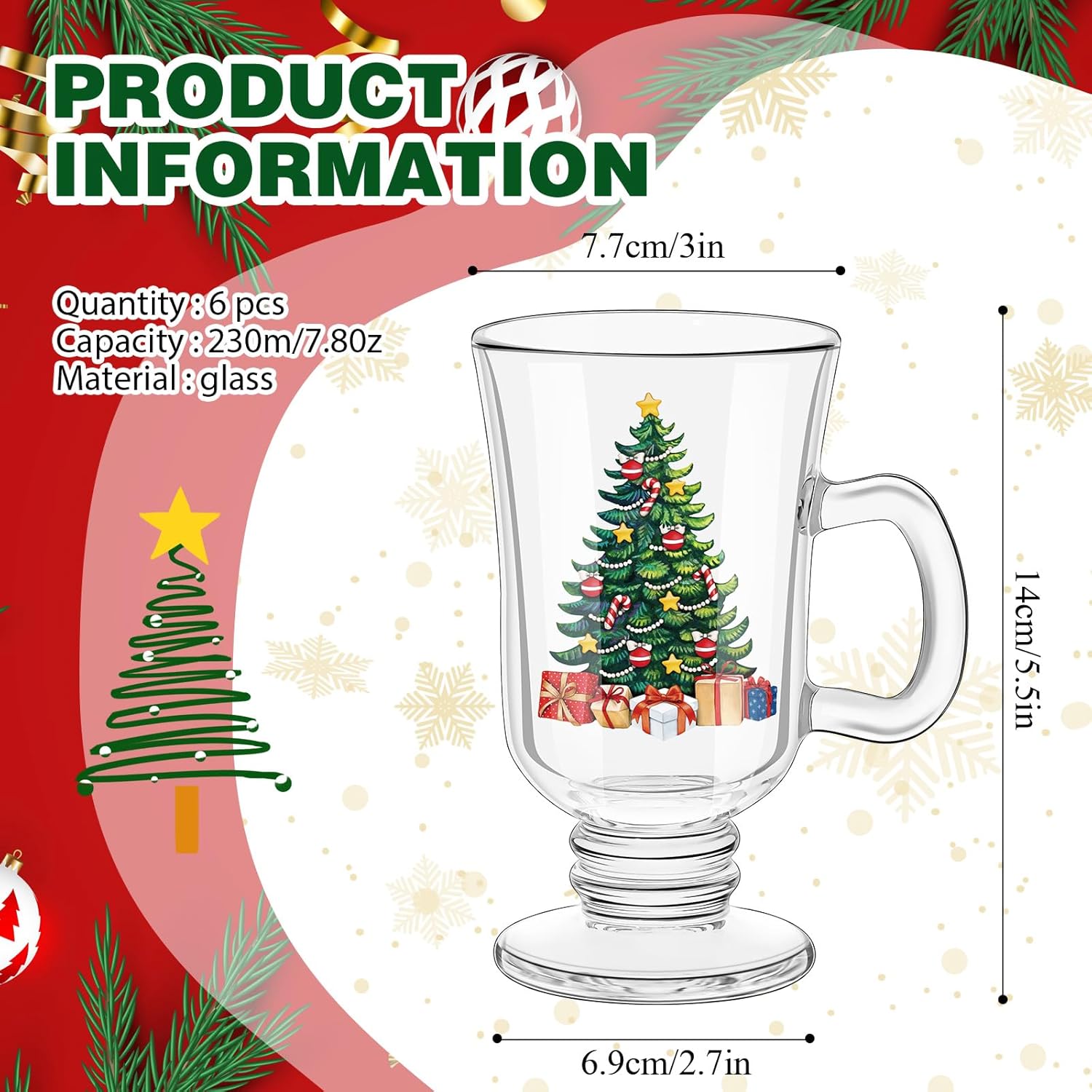 Sliner 6 Pcs Christmas Tree Coffee Mugs Irish Glass Coffee Mugs 8 oz Glass Footed Espresso Cups with Handles, Clear Goblet Mugs Glasses for Coffee, Latte, Cappuccino, Smoothie, Beverages Xmas Gifts