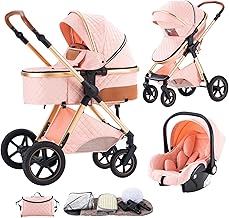 Shineey 3 in 1 Baby Stroller with Height Adjustable Handle,3 in 1 Prams Travel System, Lightweight Foldable Pushchair, Prams with Aluminum Frame for Portable Baby Carriage