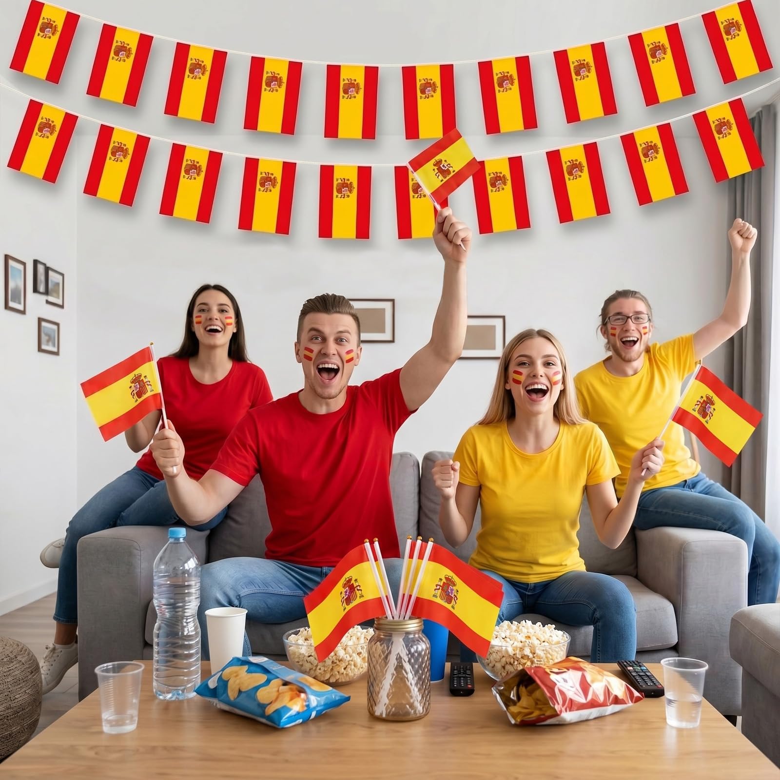 YESAH Łańcuch chorągiewek Hiszpanii, 10 m, girlanda z 30 flagami Hiszpanii, 14 x 21 cm, czerwona i złota girlanda, baner dekoracyjny na Mistrzostwa Świata 2026, do ogrodu, baru i publicznego oglądania