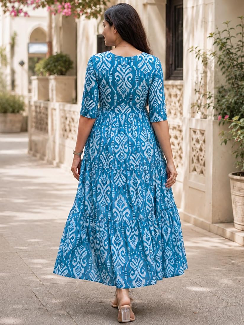 Buy Sun Fashion And Lifestyle Cotton Blend Printed Dress for Women | Western Dresses for Women | One Piece Midi Dress | Fit and Flare Dress