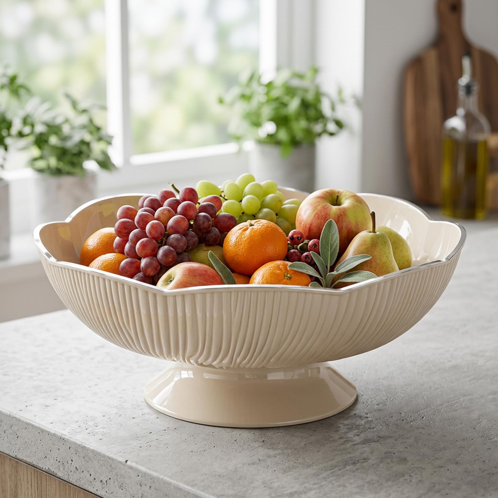Faticenic Pedestal Fruit Bowl with Drainage Holes, Large Decorative Bowl for Kitchen Counter, Cream White Floral Design Fruit Bowls, White, Pedestal