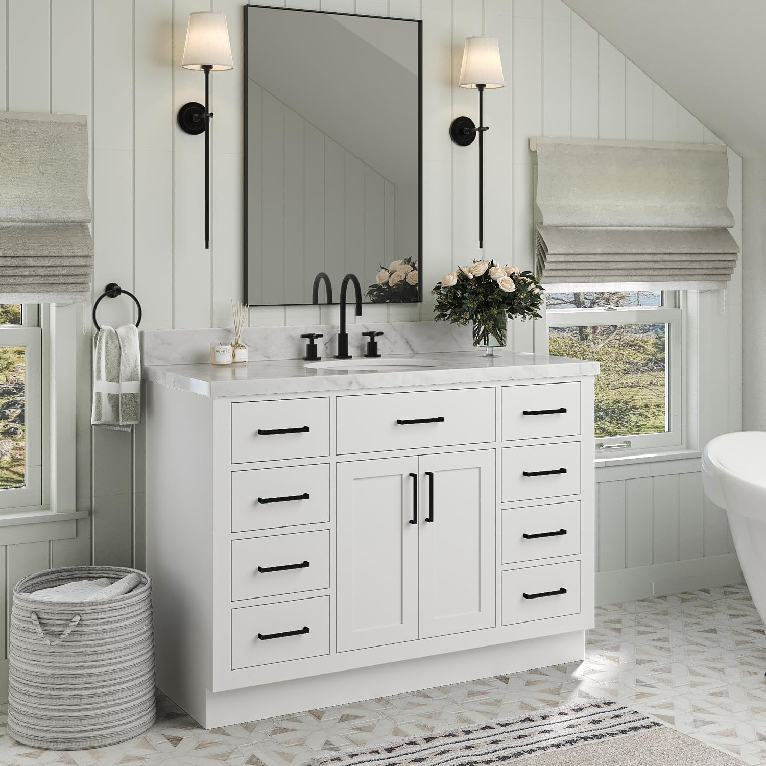 ARIEL Hepburn 48-inch Bathroom Vanity with Sink,Solid Wood, 1.5-inch Italian Carrara Marble Countertop & Backsplash, Single Oval Porcelain Sink, 2 Soft Closing Doors, 9 Dovetail Drawers, White