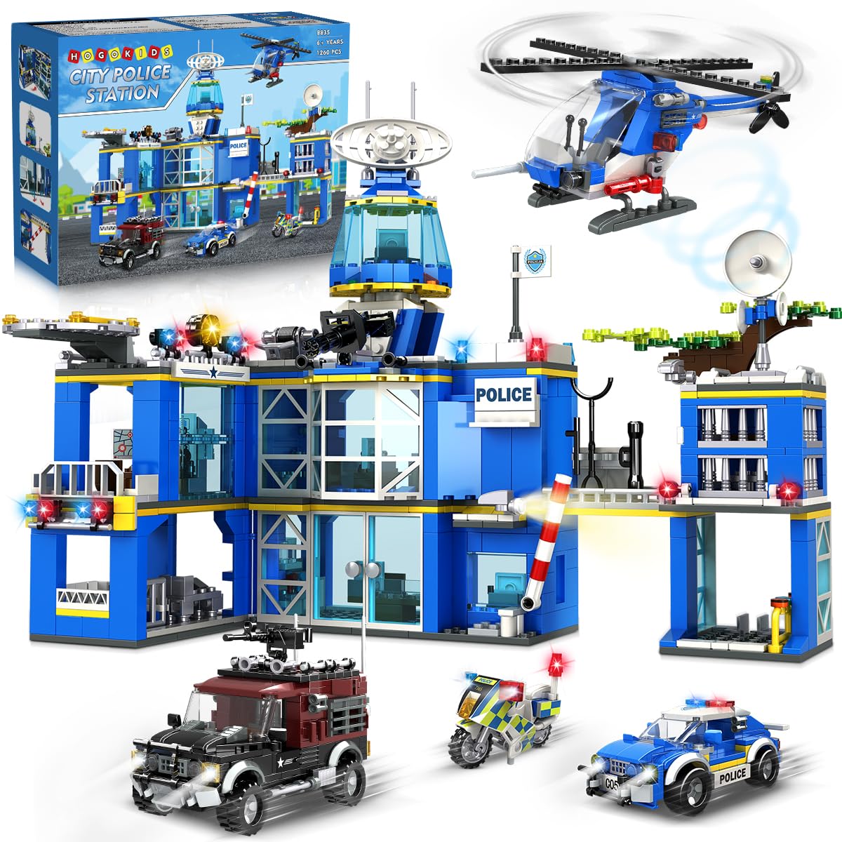HOGOKIDS City Police Station Building Set - 1260 PCS Police Building Block Toys with Helicopter Motorcycle Police Vehicle Bandit Car, STEM Police Construction Toy for Kids Boys Girls Ages 8-12+ Years