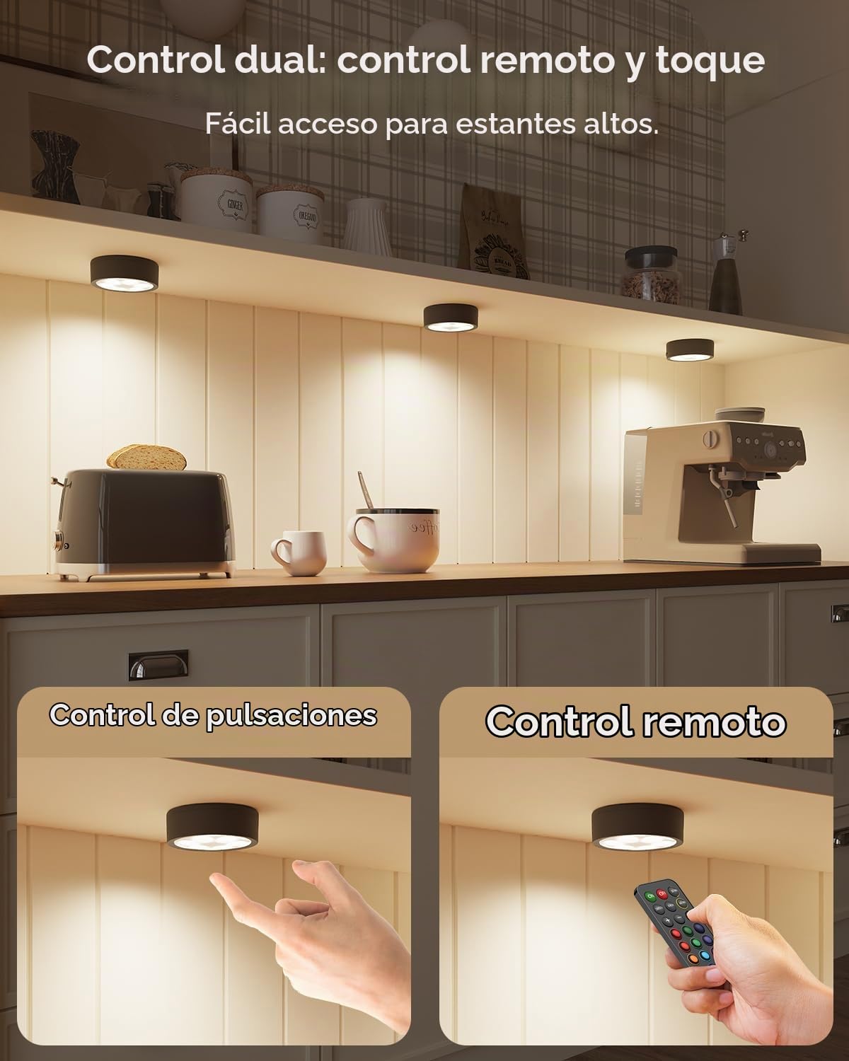 Luz Vitrina Batería Recargable 2400mAh, Luces Armario RGB con Mando | USB, Regulable, Inalambrico, Pulsador, Tactil, Magnético Iman Colores Foco LED Sin Cable para Cocina Bajo Mueble, Escalera