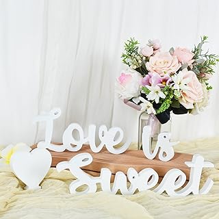 TONIFUL Love Is Sweet Sign for Dessert Table,Love Is Sweet Table Decor Love Wood Sign Letter LVOE Table Top for Wedding Decor,Anniversary,Photo Prop (White)