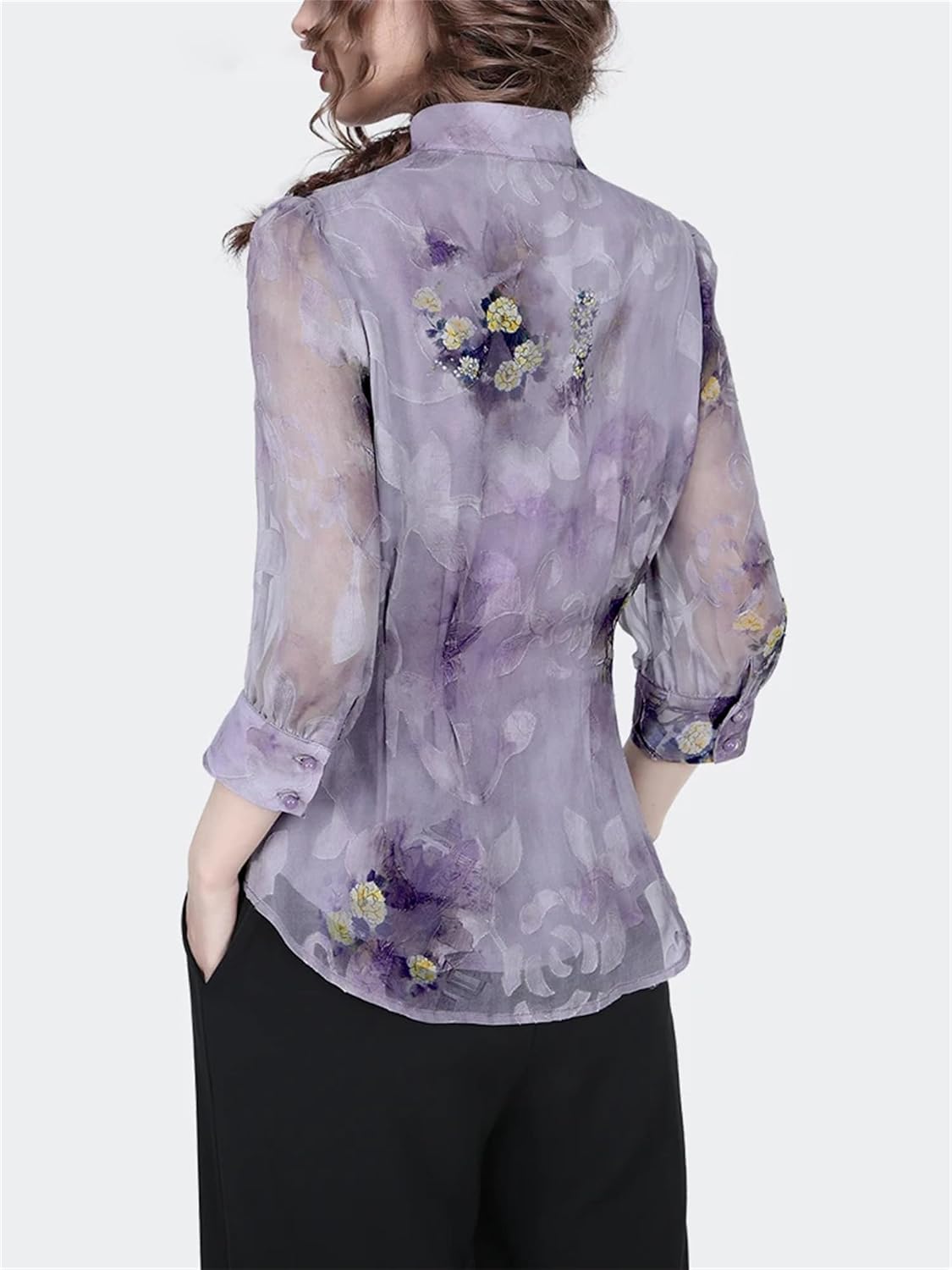 Women Retro Chinese Style Floral Print Chiffon Shirts Fashion Light Purple Office Button Down Blouse