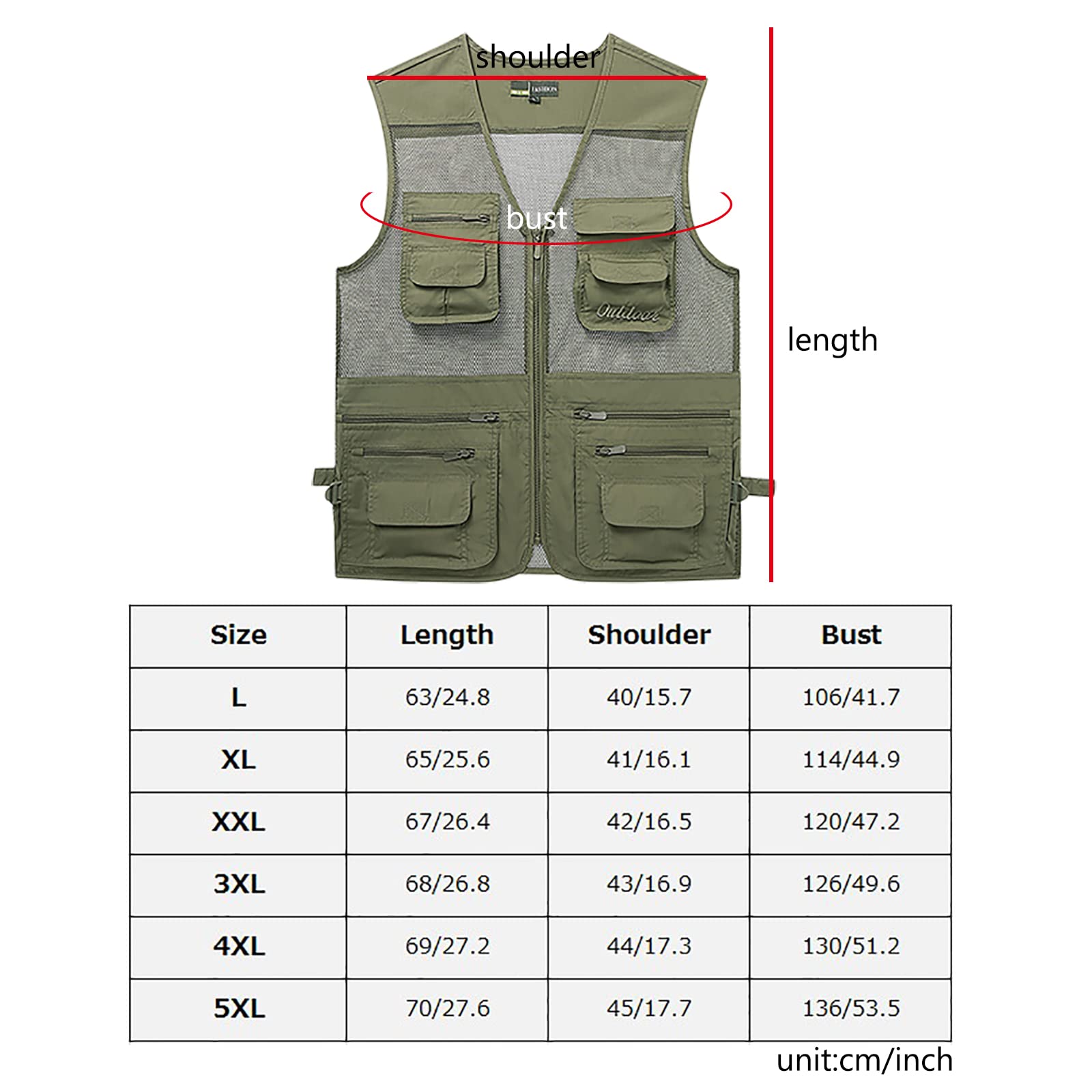 Hombres Chaleco de Pesca con Multibolsillo Secado Rápido para Caza Senderismo Fotografía Chaleco(Size:5XL,Color:Verde)