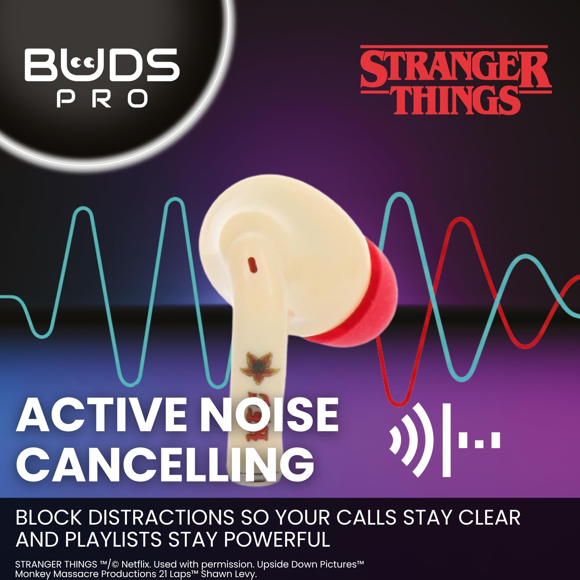 Buds Pro Stranger Things Hellfire Club Écouteurs Bluetooth sans fil et Support de téléphone - Écouteurs intra auriculaire avec micro, 28+ H d’autonomie, Réduction de bruit active et Certification IPX4