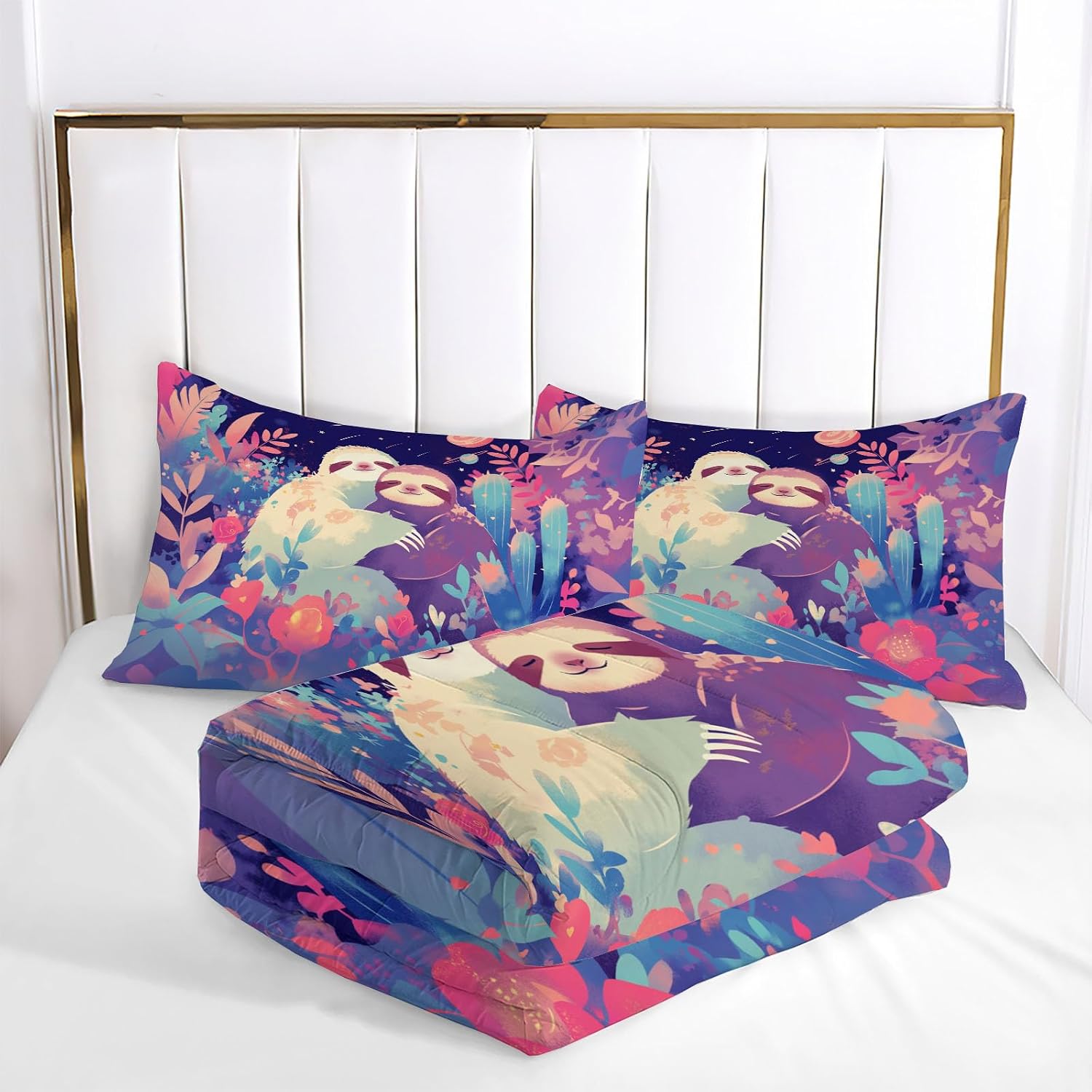 Fairy Tale Forest Comforter Set Full Size, Sloths Bedding Set for Teens Adults Room, Blue Soft 80" x 90" Quilt with 2 Pillow Cases, Lightweight Blue Quilt for All Season