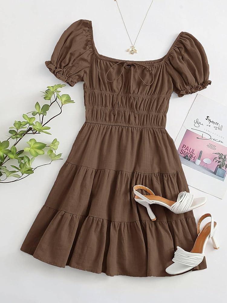 Amazon.com: Women's Dresses Tie Neck Ruched Bust Puff Sleeve Tiered Dress Dress for Women (Color : Coffee Brown, Size : Small) : Clothing, Shoes & Jewelry Amazon.com: Women's Dresses Tie Neck Ruched Bust Puff Sleeve Tiered Dress Dress for Women (Color : Coffee Brown, Size : Small) : Clothing, Shoes & Jewelry
