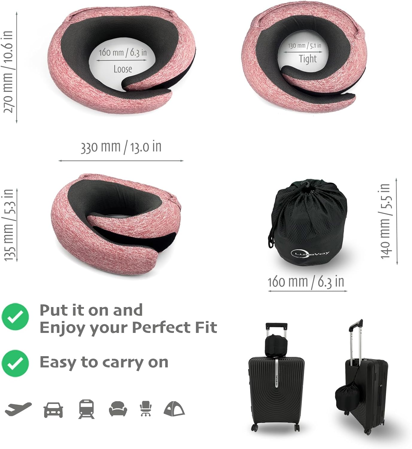 2025 Travel Neck Pillow with Stowable Hood,Ergonomic Neck Pillow Airplane,Premium Memory Foam,360º Contoured Design,Washable Cover,Complete Travel Set,for Flight,Car and Office (Pink)