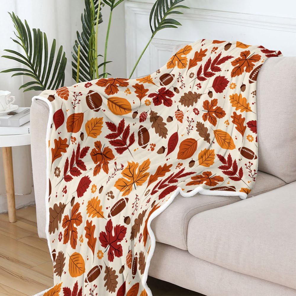 DYNH Fall Sports Throw Blanket, Fall Autumn Brown Football Rugby Game Colorful Maple Leaf Leaves and Pine Cone Throw Blankets,Cozy Soft Fleece Fuzzy Throw Blanket for Bed Couch Sofa Chairs,51X60