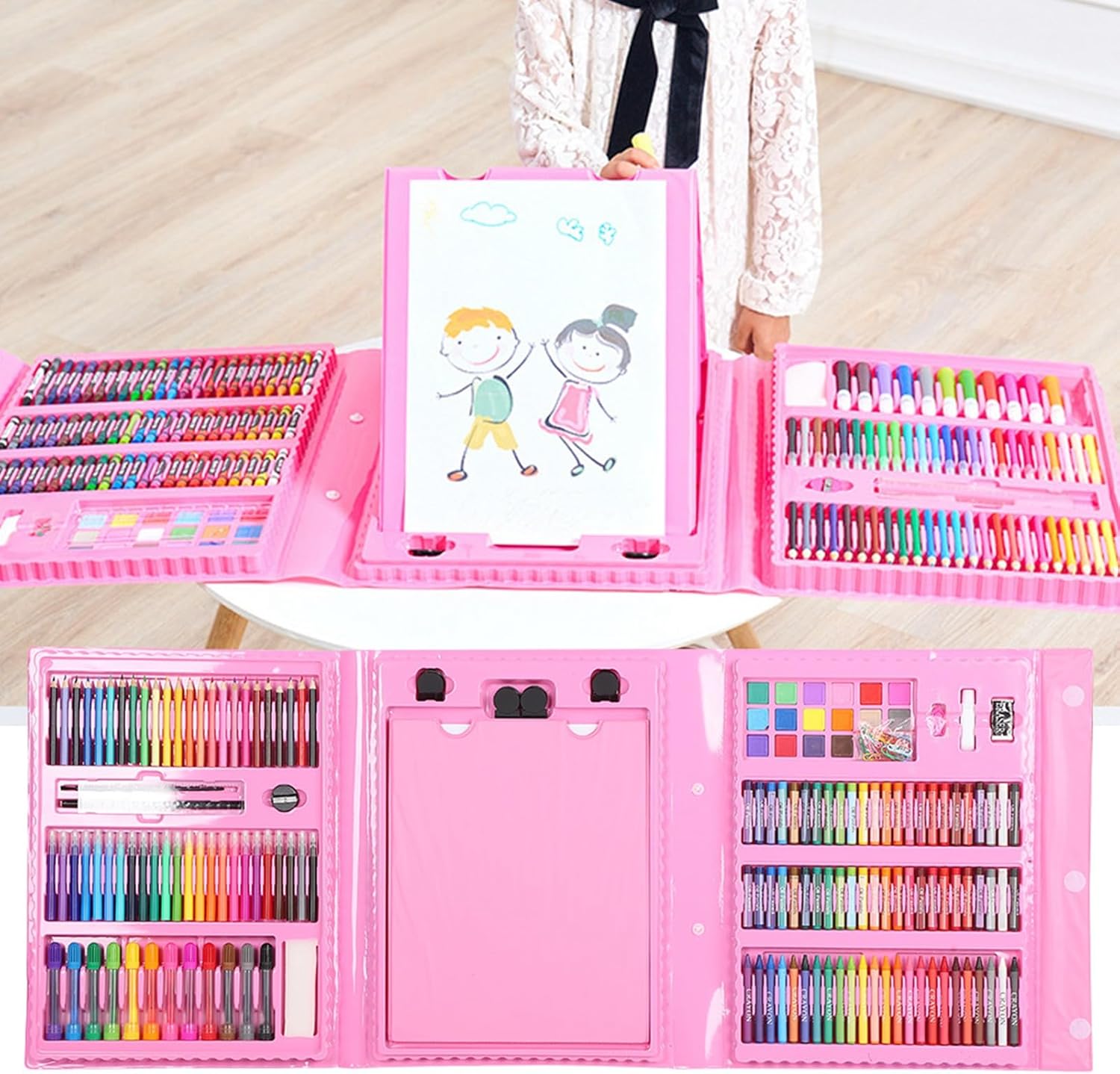 Tyenaza Kid Art Set, Water Color Pen Crayon Coloured Pencil Powder Paint Drawing Stationery Tool Pink Gift Case