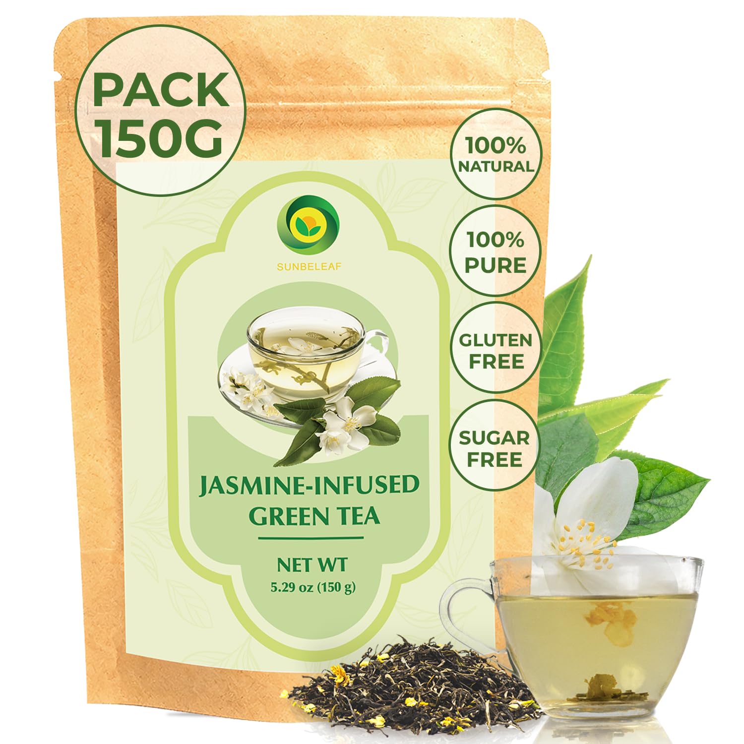 SUNBELEAF Jasmine-Infused Green Tea Loose Leaf (5.29 Oz / 150g), Vietnamese Shan Tuyet Tea with Natural Floral Aroma, Smooth Refreshing Flavor, Herbal Wellness Tea For Balance, Resealable Zip Pouch