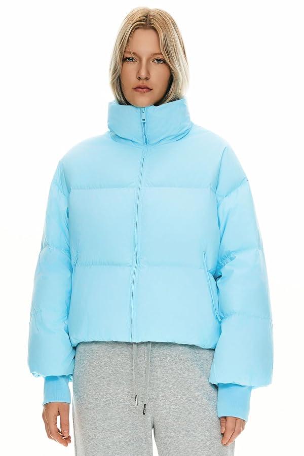 Orolay Puff-O Women's Winter Oversized Cropped Puffer Jacket Zip Up Short Down Coat Stand Collar Baggy Overcoat Blue Large by Orolay - Image 3