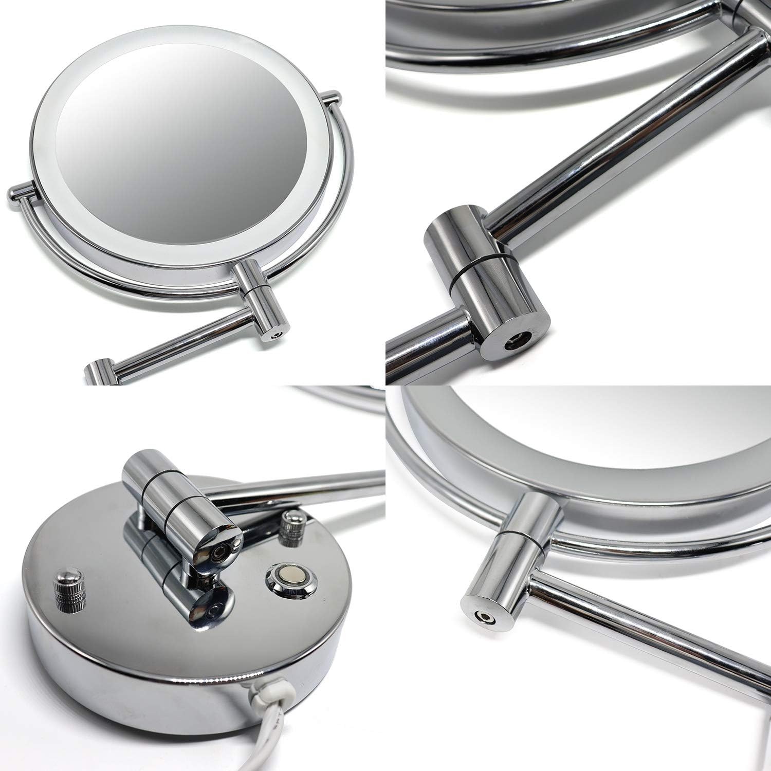 Jolitac 8.5 Inch LED Makeup Mirror Wall Mount, 10X/1X Magnification Chrome Personal Make Up Mirror Round Shaped, Double-Sided Swivel Vanity Mirror Touch Button Adjustable Light for Bathroom