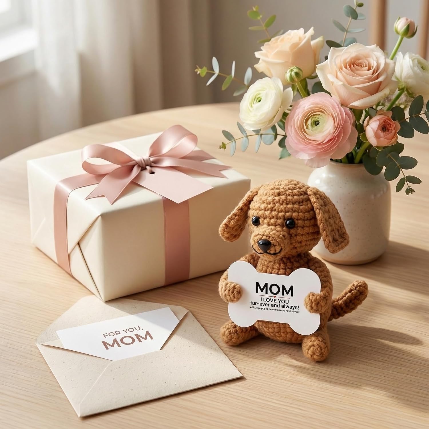 Handmade Crochet Puppy for Mom, Mom Birthday Gifts from Daughter Son, Cute Emotional Support Plush, Funny Desk Decor, Unique Gifts for Women, Christmas Stocking Stuffers for Dog Lovers