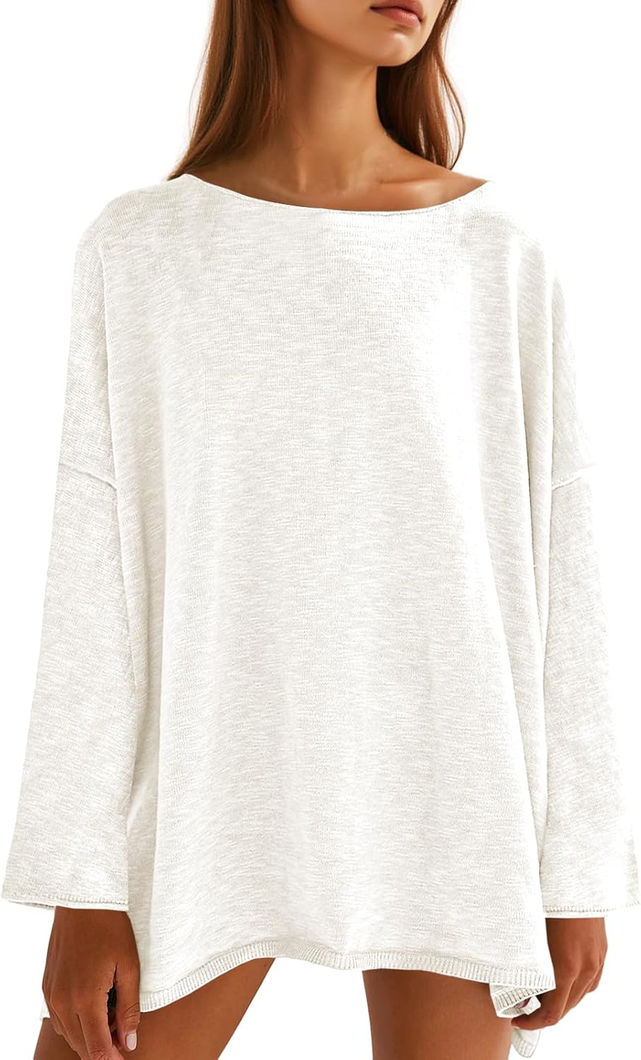 Tankaneo Womens Long Sleeve Shirts Oversized Lightweight Sweaters Crewneck Side Slit Hem Casual Blouse Tunic Tops