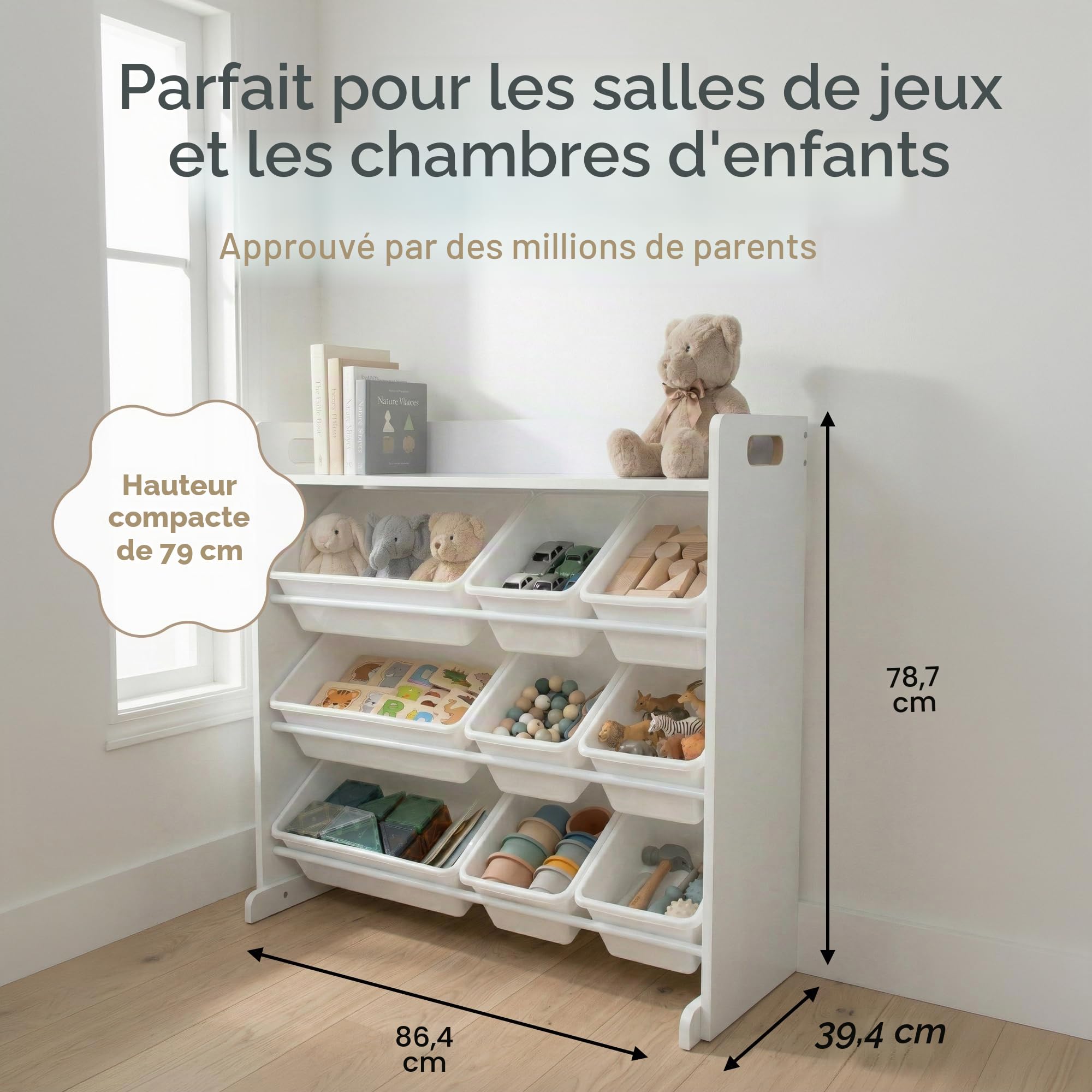 Humble Crew, étagère pour enfants, organisateur de jouets avec 9 bacs de rangement, blanc/blanc