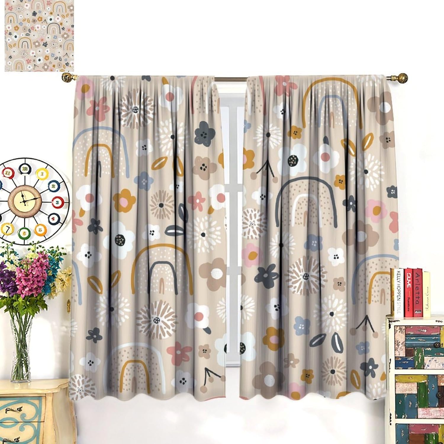 Boho Rainbow Blackout Curtains,Hand Painted Cute Cartoon Flowers Rainbow Print Rod Pocket Window Treatments Drapes for Girl Boy Bedroom Nursery 42" W X 63" L