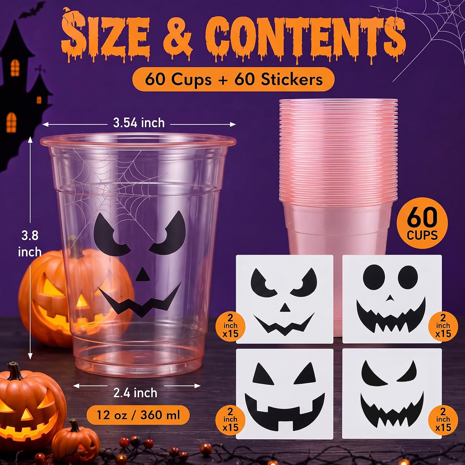 Rtteri 60 Pack Halloween Glowing in The Dark Pumpkin Plastic Cups Bulk