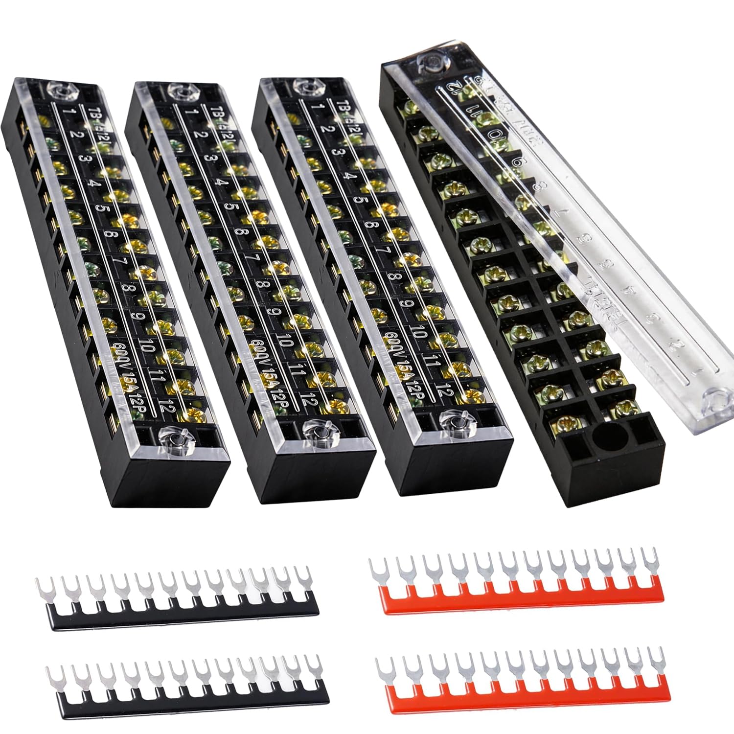 Terminal Block and Strip - 4 Sets 12 Positions Dual Row 600V 15A Screw Terminal Strip Blocks with Cover + 12 Positions Pre-Insulated Terminals Barrier Strip for Automotive, Marine