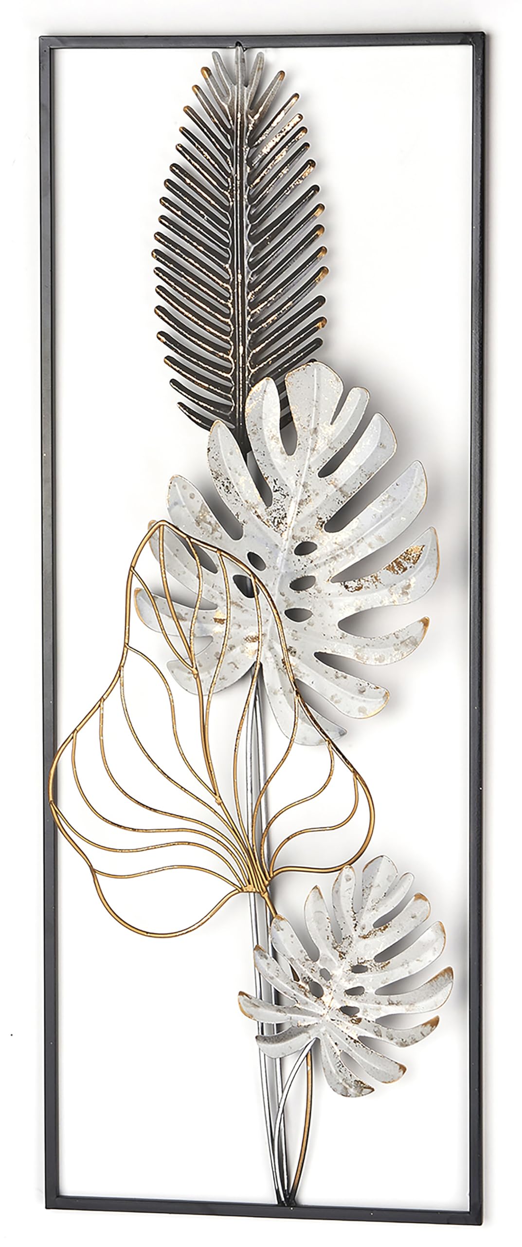 Kobolo Wandbild Metall – Monstera, 29x74x3 cm, schwarz-gold-weiß