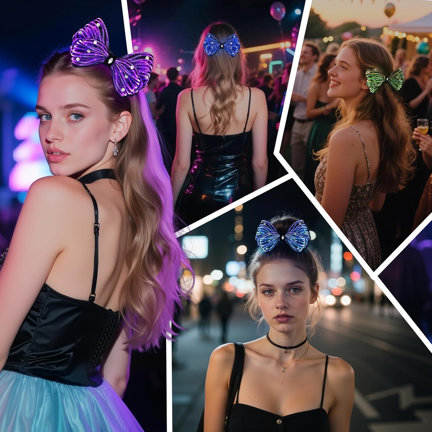 LED Bow Hair Clips 7 Colors Light up Hair Accessories Rhinestone Rave Clips Cute Headpiece Glow Hair Barrettes for Women
