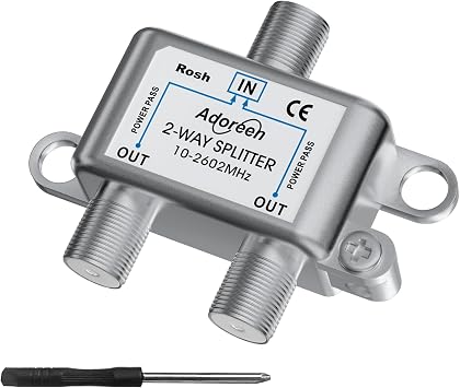 Adoreen 2-Way Coaxial Cable Splitter, 10-2602MHz Mini Bi-Directional Digital Signal RG6/RG59 Coax Indoor&Outdoor for CATV, Satellite, Antenna, MoCA, Internet, Modem + Screwdriver-1 in 2 Out Ports