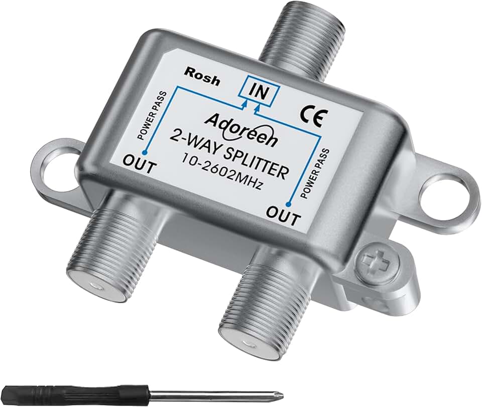 Adoreen Divisor de Cabo Coaxial de 2 Vias, Mini Sinal Digital Bidirecional Rg6/Rg59 Coaxial 10-2602Mhz para Uso Interno E Externo Em Catv, Satélite, Antena, Moca, Internet, Modem + Chave de Fenda - 1