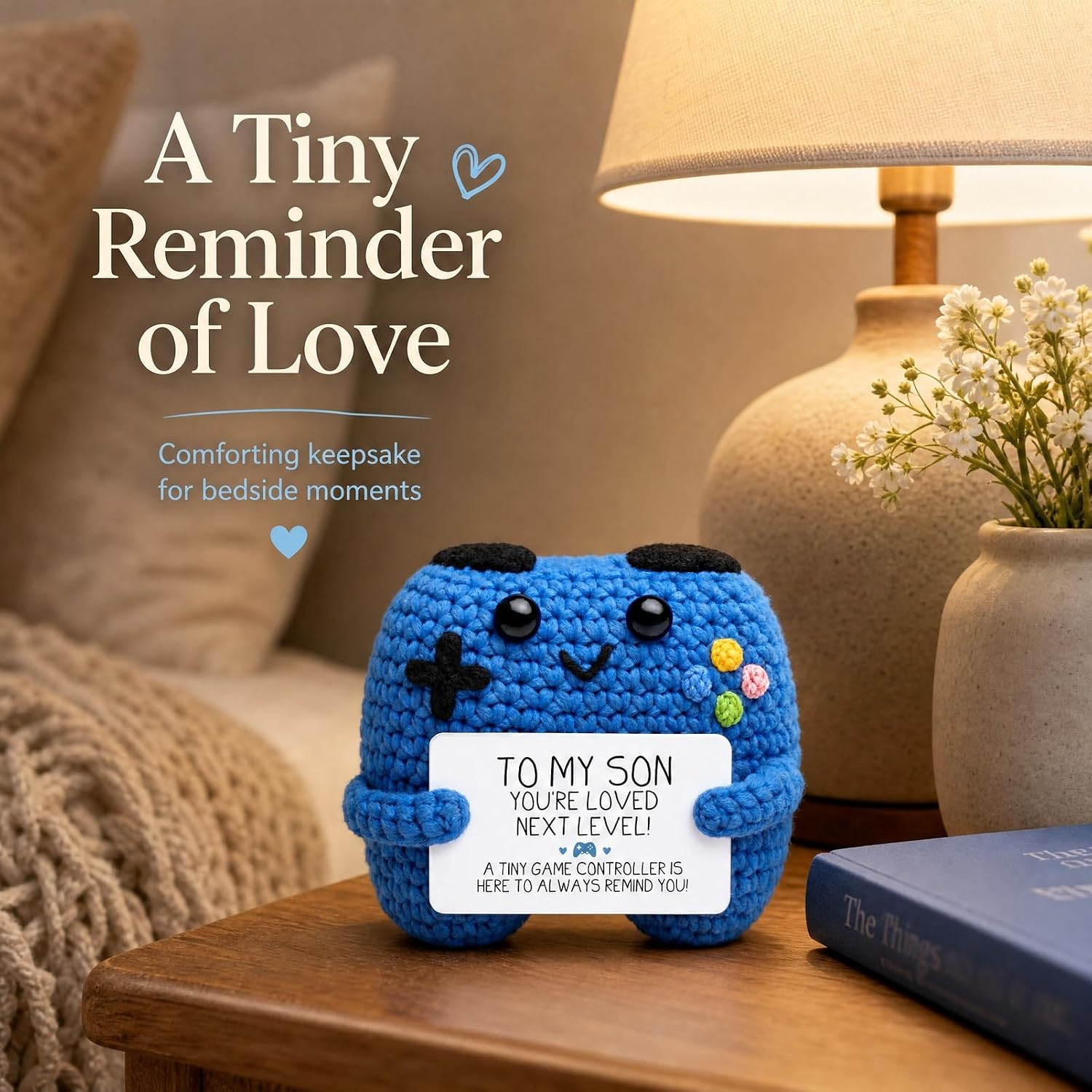 BOBPPOP Handmade Crochet Game Controller Plush with to My Son You are Loved Next Level Card, Mini Amigurumi Gaming Desk Decor & Emotional Support Gift for Son, Stocking Stuffer(Blue