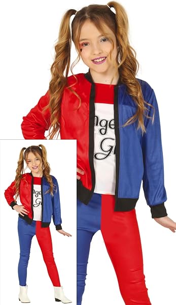 FIESTAS GUIRCA | Costume Dangerous Girl Fille (5-6 ans) - T-shirt, veste et pantalon pour filles - Maillots de super-héros et Villains, Mr. Smile, Halloween et fêtes à thème - Bleu et rouge