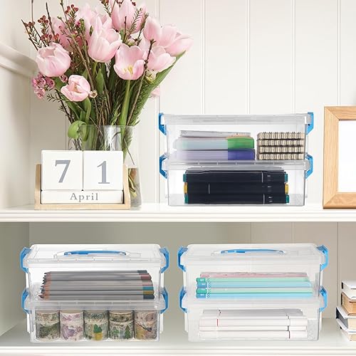 Miniatura 7 de BTSKY Paquete de 6 cajas grandes apilables para lápices con asas, estuche transparente con tapas de cierre y cierre, caja organizadora de papelería